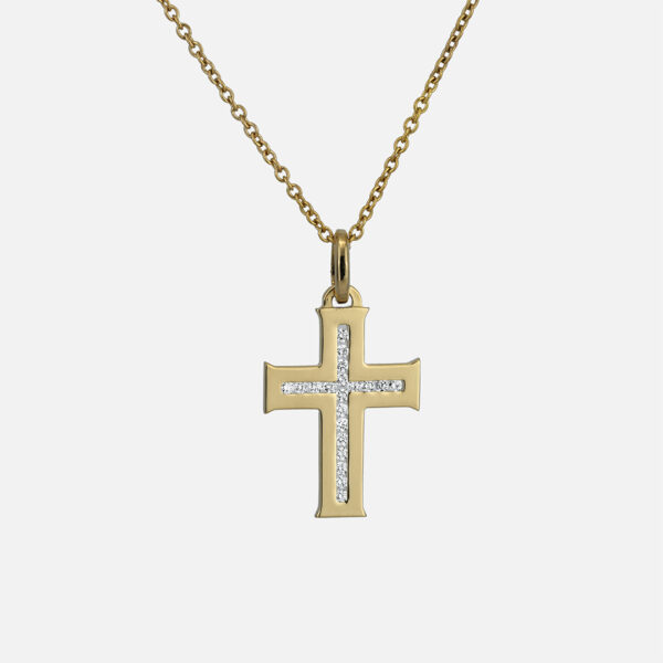 Fio e cruz em ouro amarelo com diamantes da Leitão & Irmão